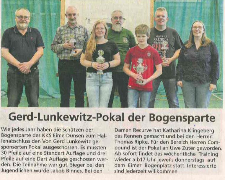 Ein Zeitungsartikel über den Gerd-Lunkewitz-Pokal, der in der Bogensparte ausgeschossen wurde. Dabei wurden Pokale im Bereich der Jugend, Damen, Herren und Herren Compound verteilt.