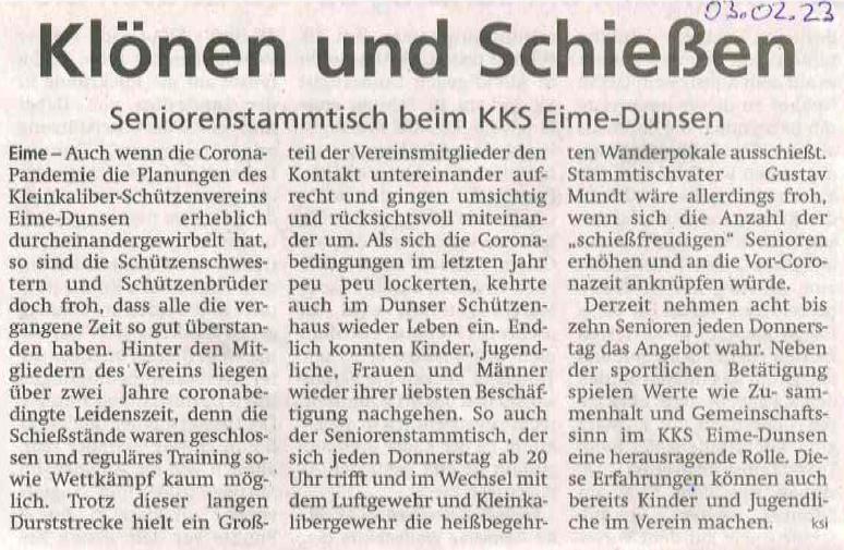 Der Verein KKS Eime-Dunsen hat einen kleinen Zeitungsartikel zum Seniorenstammtisch, der sich jeden Donnerstag trifft, veröffentlicht.