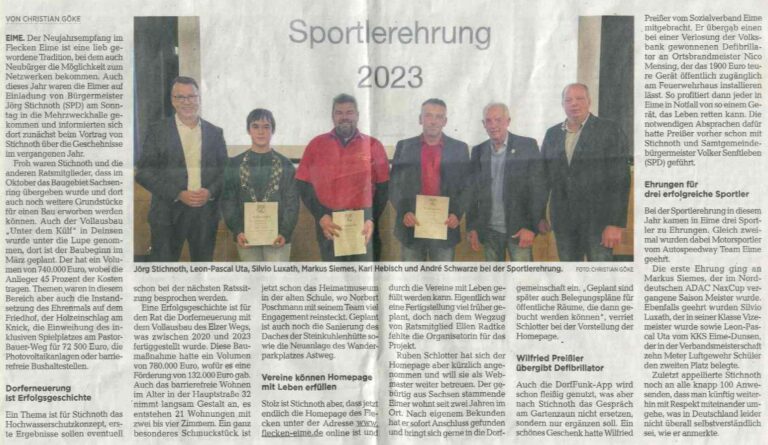 Der Zeitungsartikel thematisiert den Neujahresempfang mit Sportlerehrung, wo auch ein Mitglied des KKS Eime-Dunsen geehrt wurde.