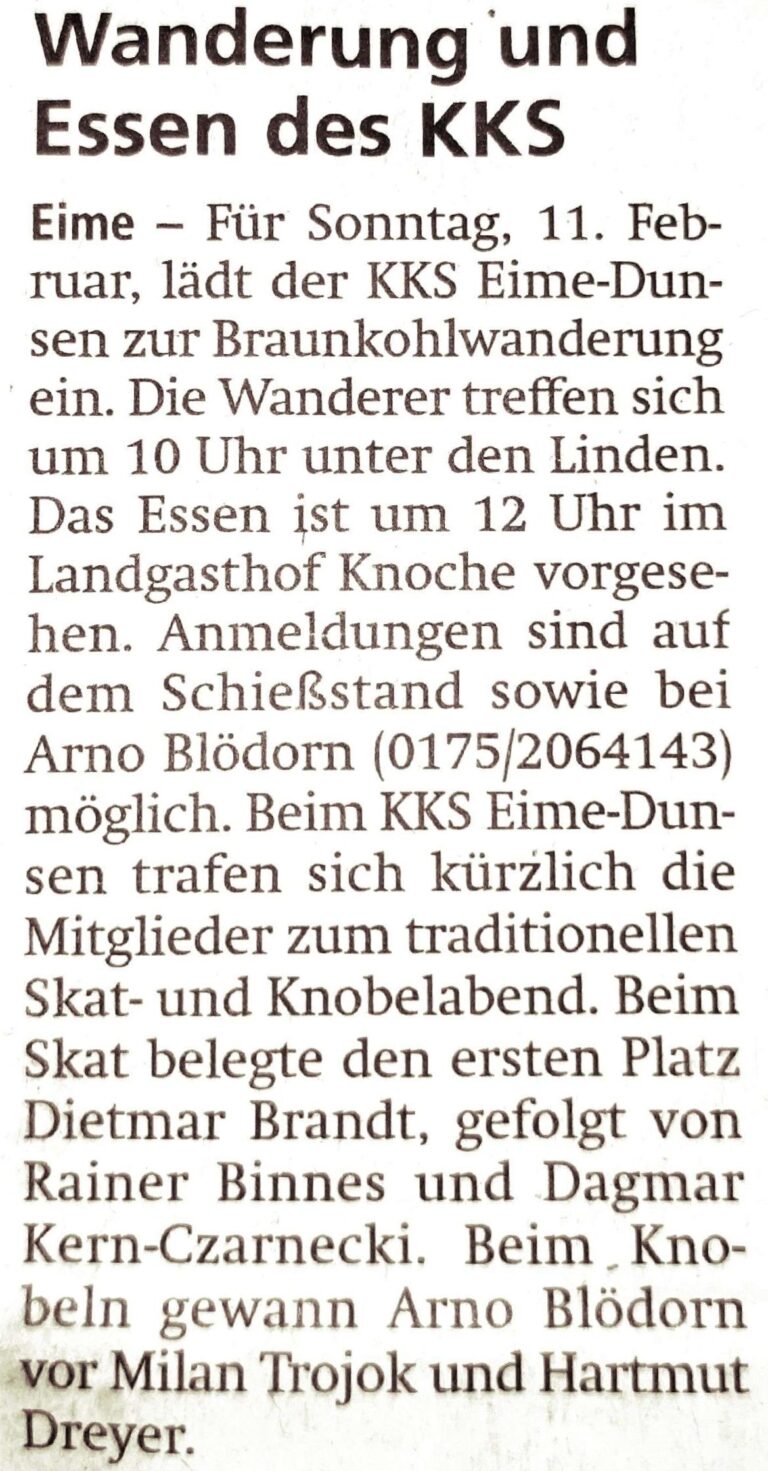 Ein Zeitungsartikel zur Wanderung und anschließendem Essen des KKS.