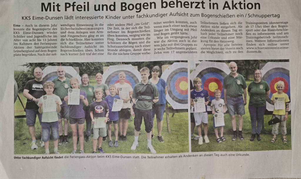 Zeitungsartikel Artikel zum Aktions-Ferienpass Tag beim Bogenschießen.