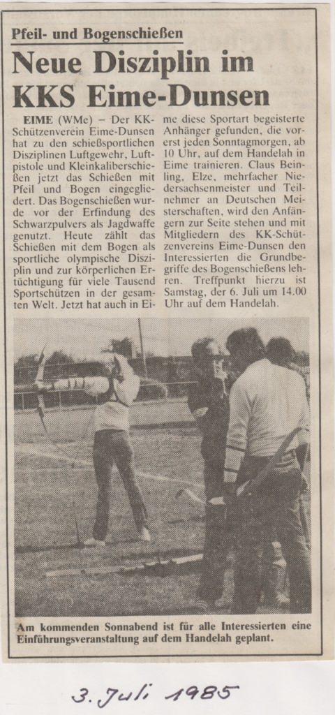 Der erste Zeitungsartikel über die Eröffnung des Bogenplatzes im Jahr 1985.
